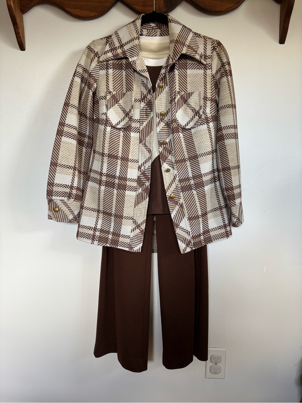 Vintage 1970s Fire Islander 3 Piece Set Brown Cream Mod Knit Jacket Top Pants